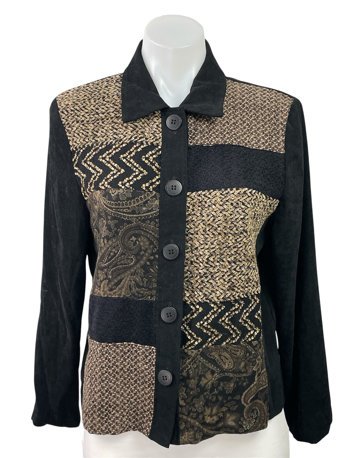 Vintage Liz Baker Y2k Brown Tan Patchwork Faux Suede Button Up Blazer Jacket 6p